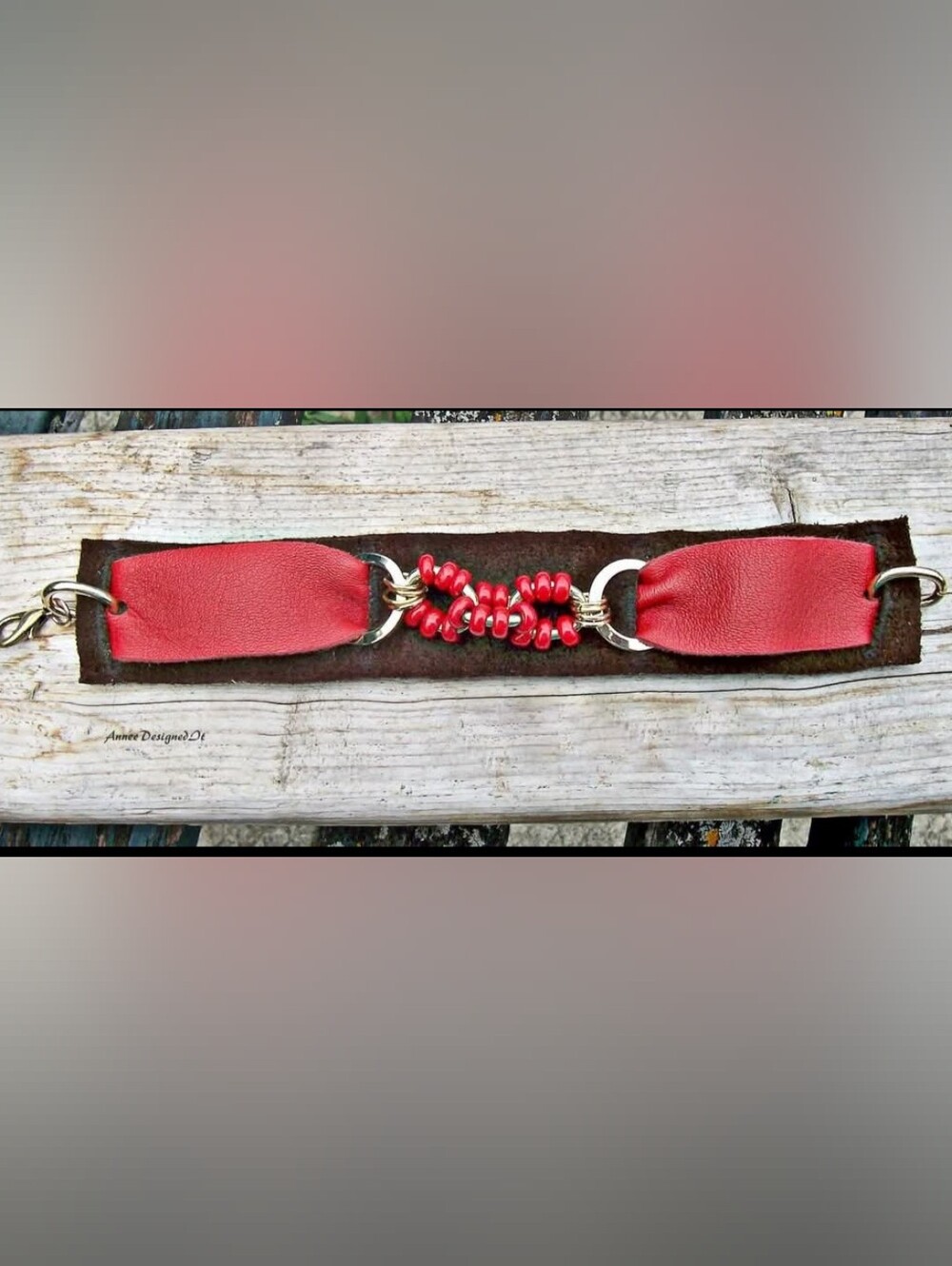 Red Leather And Brown Suade Beaded Cuff Bracelet